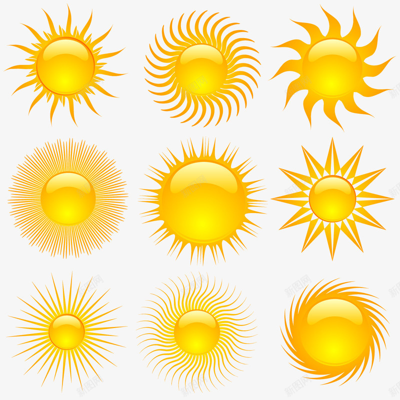 太阳合集矢量图eps免抠素材_新图网 https://ixintu.com 卡通太阳 发光的太阳 装饰的太阳 黄色 矢量图