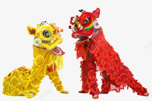 卡通两只狮子png免抠素材_新图网 https://ixintu.com 两只狮子 红色的狮子 舞狮子的人们 节日庆祝 黄色的狮子