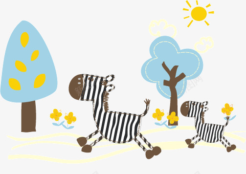 小动物插画png免抠素材_新图网 https://ixintu.com 动物 卡通 太阳 插画 斑马 树木