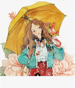 雨伞印花水彩女孩高清图片