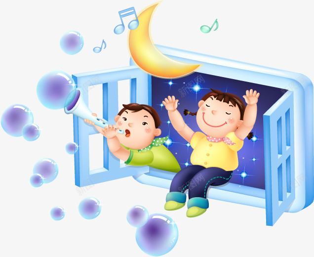 吹泡泡的小天使png免抠素材_新图网 https://ixintu.com AI矢量 免费PNG 小天使 月亮 泡泡 窗户