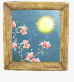 手绘木纹相框花朵月亮素材
