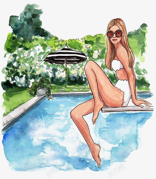 游泳池边的女人png免抠素材_新图网 https://ixintu.com 卡通 度假 手绘 插画 水彩 涂鸦 游泳池 跳水板