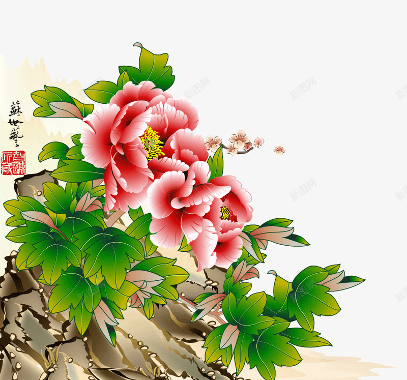 水彩花卉png免抠素材_新图网 https://ixintu.com 水彩 牡丹花 粉色 绿色 花卉