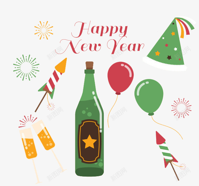新年庆祝psd免抠素材_新图网 https://ixintu.com 庆祝 手绘 新年 气球 酒瓶