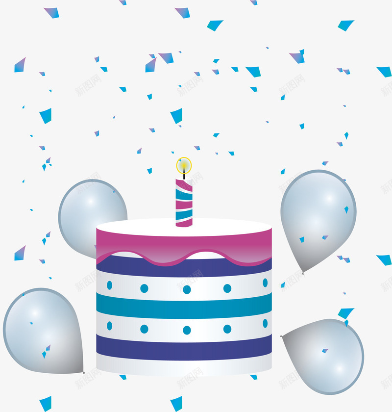 蓝色条纹生日蛋糕png免抠素材_新图网 https://ixintu.com 庆祝生日 生日蛋糕 白色气球 矢量png 蓝色飘带 蛋糕
