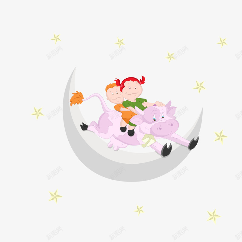 骑着牛在月亮上跑的孩子png免抠素材_新图网 https://ixintu.com 卡通手绘 孩子 月亮 牛