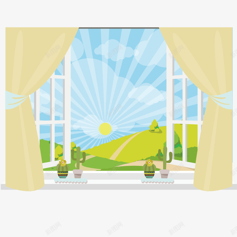 窗外的风景png免抠素材_新图网 https://ixintu.com 太阳 植物 窗户 风景
