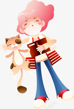 抱着袋子的女人卡通插图抱着猫咪睡着的女孩高清图片