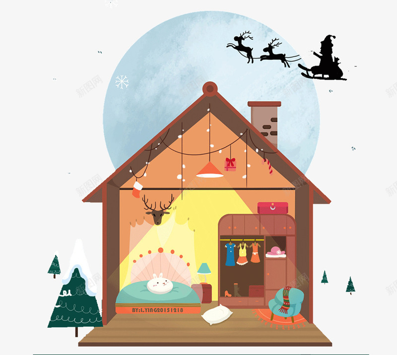 创意圣诞节小屋png免抠素材_新图网 https://ixintu.com 圣诞树衣橱 圣诞节 小房子 小鹿 月亮