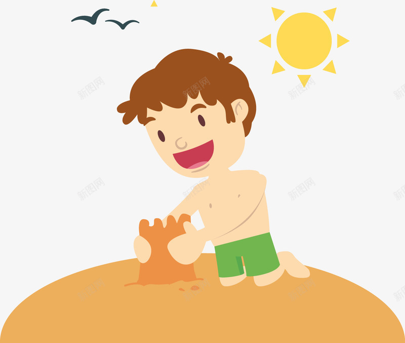 玩耍人物png免抠素材_新图网 https://ixintu.com 卡通 堆城堡 夏天 太阳 度假 开心 手绘 沙滩 海边 海鸥 玩耍 男孩