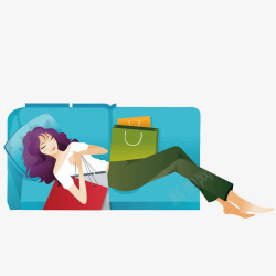 躺在沙发上抱着购物袋的女人素材