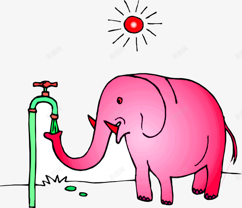 喝水的大象png免抠素材_新图网 https://ixintu.com png图形 png装饰 动物喝水 卡通 大象 太阳 手绘 水龙头 装饰