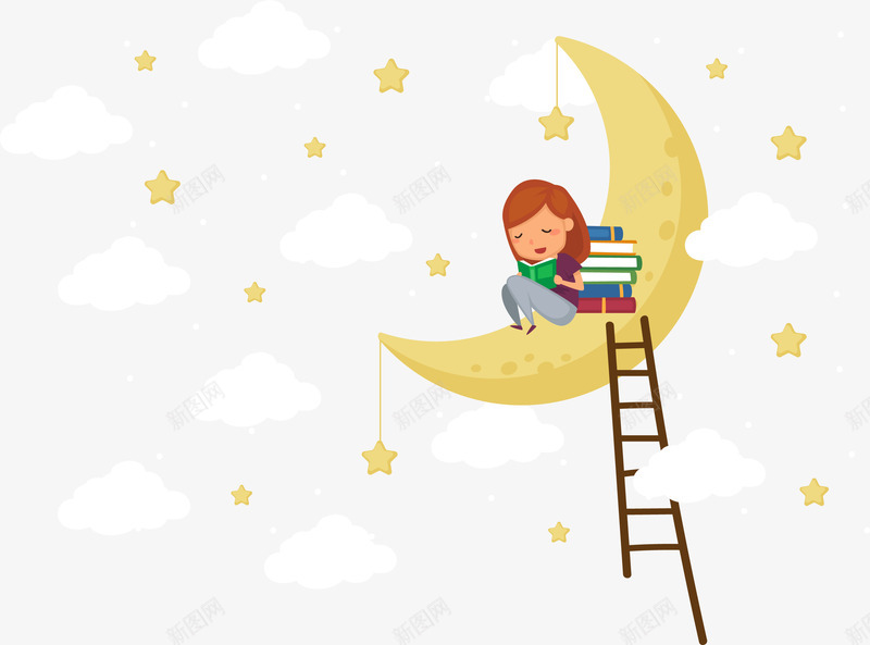 手绘月亮上的女孩png免抠素材_新图网 https://ixintu.com 卡通 手绘 月亮 梯子 读书