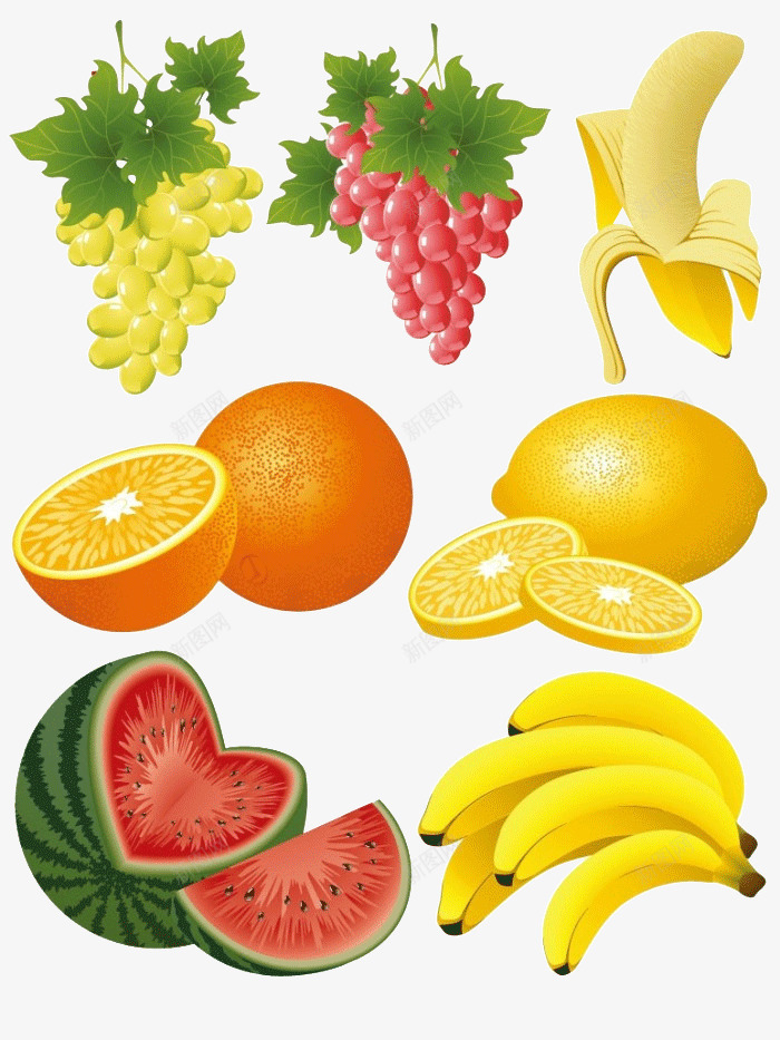 手绘诱人的水果png免抠素材_新图网 https://ixintu.com 各种水果 各种水果素材 手绘橙子 紫色葡萄 西瓜 香蕉 黄色柠檬