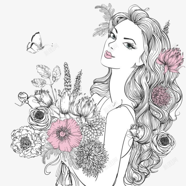 拿着花朵的女人png免抠素材_新图网 https://ixintu.com 花卉图案 花朵 蝴蝶