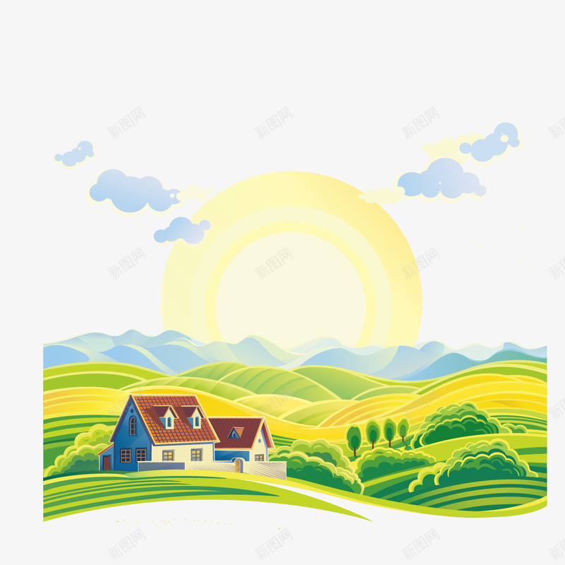 房子和太阳png免抠素材_新图网 https://ixintu.com 太阳 山坡 房子 绿地
