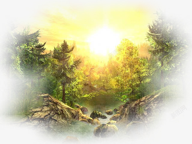 太阳下的森林png免抠素材_新图网 https://ixintu.com 日光 森林 河水 绿色