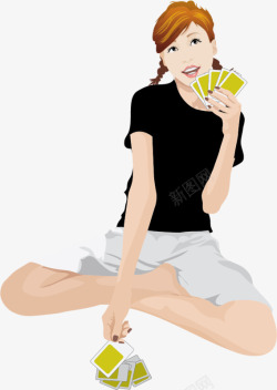 坐着打扑克的女孩素材