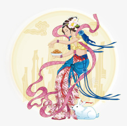 月球插画素材中秋节嫦娥玉兔和月饼装饰高清图片