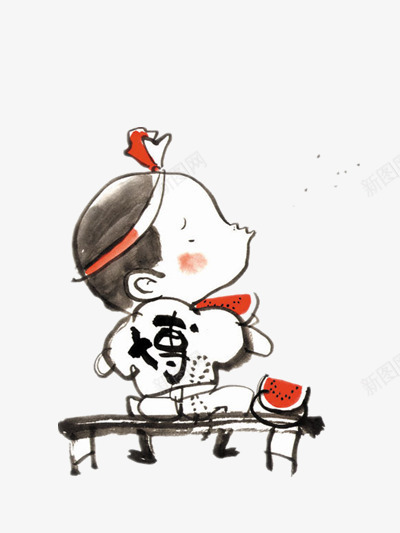 卡通手绘png免抠素材_新图网 https://ixintu.com 吃西瓜 小孩 手绘 插画 西瓜