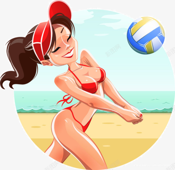 卡通沙滩排球png免抠素材_新图网 https://ixintu.com 太阳帽 排球 沙滩 笑容 红色 运动