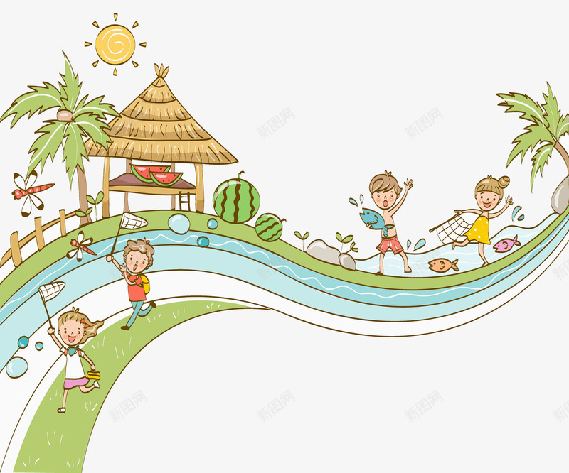 夏天孩子在水边玩耍png免抠素材_新图网 https://ixintu.com 夏天 太阳 孩子 小鱼 开心 椰子树 炎热 玩耍 西瓜