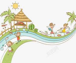 夏天孩子在水边玩耍素材