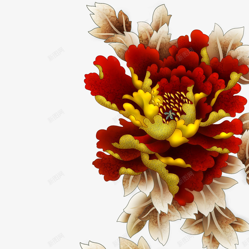 花朵png免抠素材_新图网 https://ixintu.com 火红色 牡丹 红色 花朵 雕刻 黄色