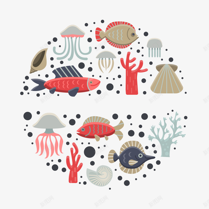 卡通海洋生物png免抠素材_新图网 https://ixintu.com 卡通动物 彩色水母 水母 海洋生物 红色小鱼 红色水母 背景装饰