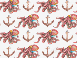 水彩绘章鱼和船锚无缝背景矢量图素材