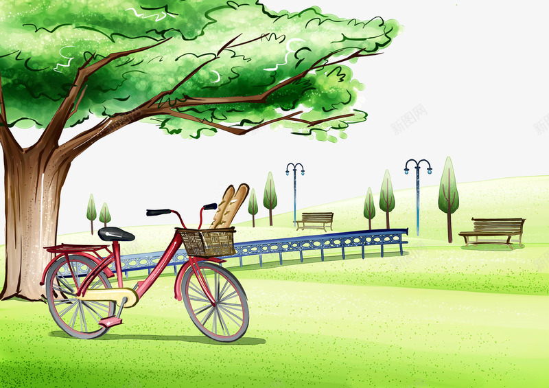 手绘公园景色png免抠素材_新图网 https://ixintu.com 公园 手绘树木 红色自行车 绘画风景