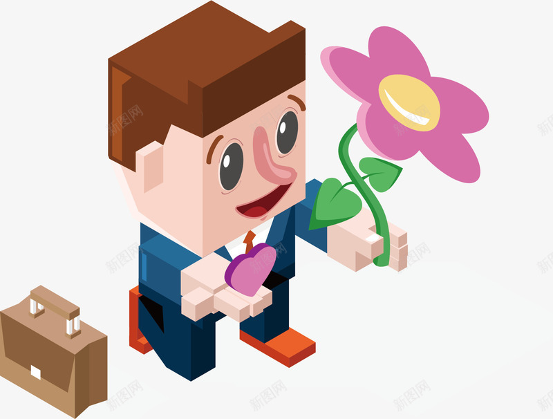 卡通方块职人手持花朵png免抠素材_新图网 https://ixintu.com 卡通 手持花朵 方块 职人