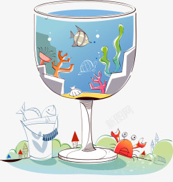 奇幻插画水杯与海洋素材