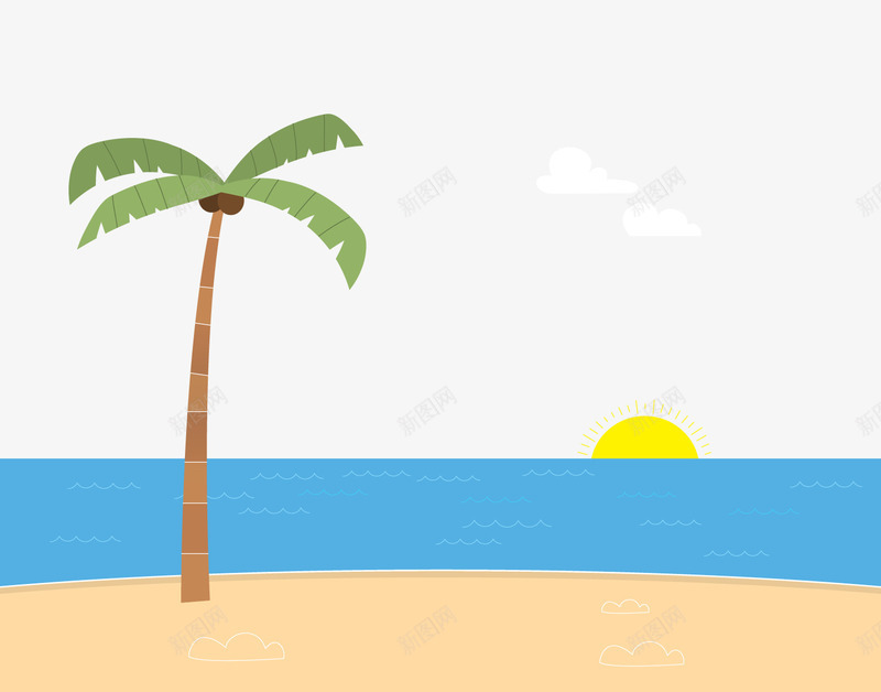 海边沙滩夕阳png免抠素材_新图网 https://ixintu.com 卡通植物 卡通沙滩 夕阳 椰子树 蓝色海洋