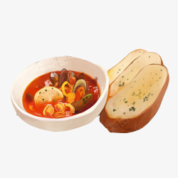 骨瓷汤盅罗宋汤和面包片手绘画片高清图片