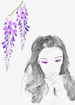 紫藤花与少女素材