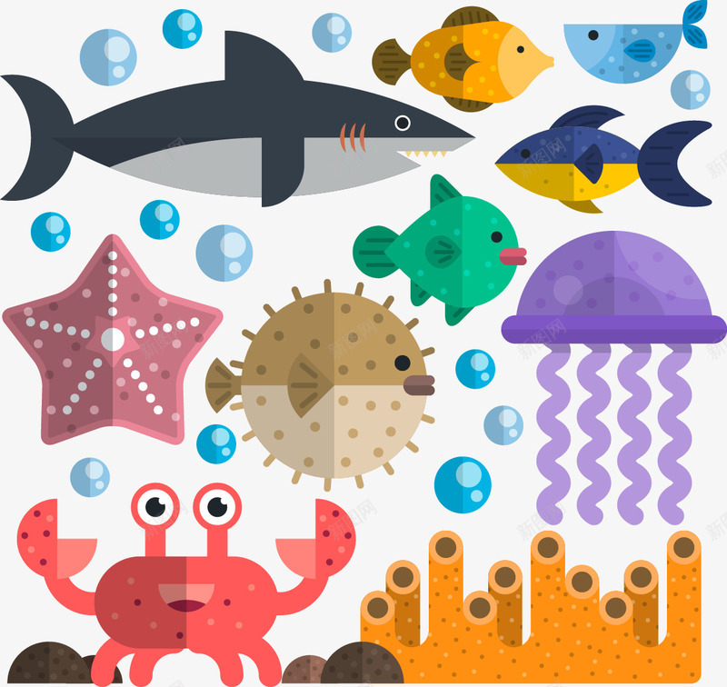 手绘卡通海洋生物矢量图ai免抠素材_新图网 https://ixintu.com 卡通 手绘 水铺 海星 海洋生物 螃蟹 鱼 鲨鱼 矢量图