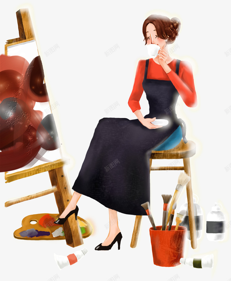 绘画喝咖啡女孩艺术png免抠素材_新图网 https://ixintu.com 咖啡 图片 女孩 绘画 艺术