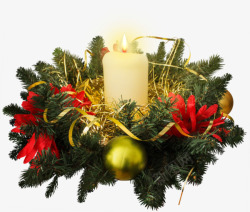 白红色手柄圣诞装饰松树叶上的蜡烛高清图片
