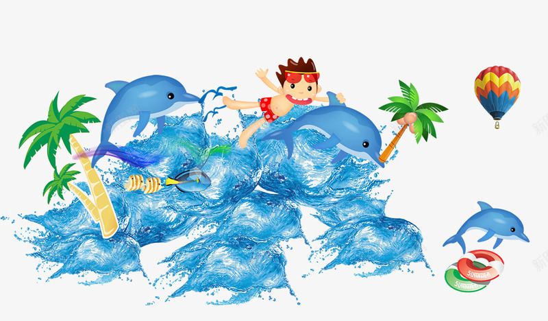 夏天png免抠素材_新图网 https://ixintu.com 人物 夏天素材 椰子树 海洋 海豚 蓝色
