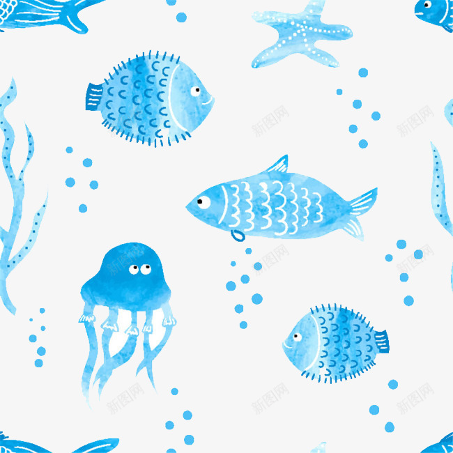 水彩画海洋动物png免抠素材_新图网 https://ixintu.com 卡通鱼 水母 海星 红色水母