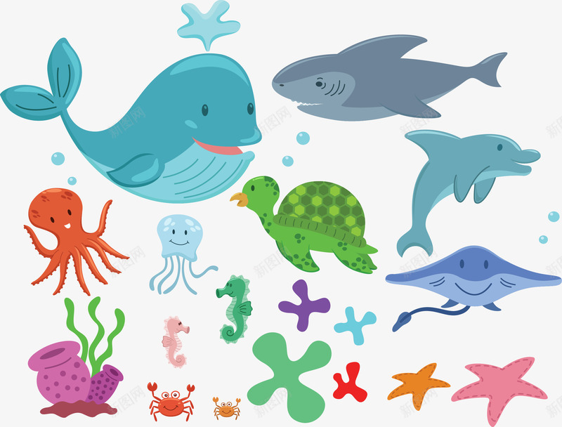 手绘海洋动物png免抠素材_新图网 https://ixintu.com 卡通 手绘 海洋动物 海豚 海龟 鲸鱼