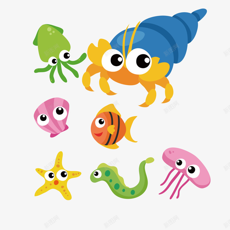 卡通海洋动物png免抠素材_新图网 https://ixintu.com 寄居蟹 海星 海洋生物 章鱼