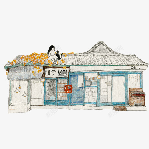 小商店水彩画片psd免抠素材_新图网 https://ixintu.com 商店 建筑 房子 水彩画 色彩 蓝色