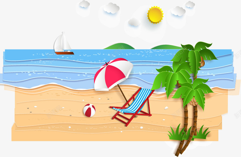 装饰3D剪纸沙滩海洋矢量图ai免抠素材_新图网 https://ixintu.com 剪纸 沙滩 海洋 装饰 矢量图
