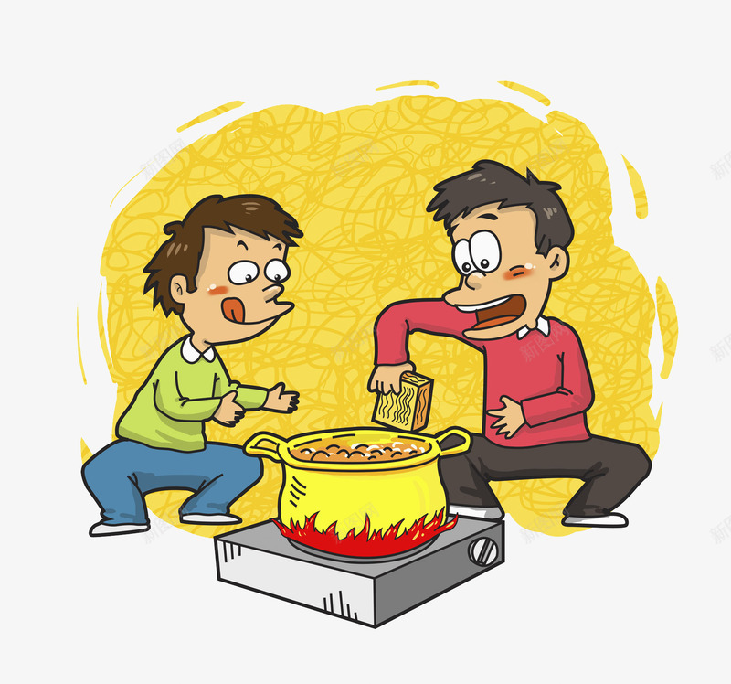 做饭的两个男孩png免抠素材_新图网 https://ixintu.com 做饭 冒火 卡通 火 火焰 灼烧 炉火 点燃 烧饭 燃气火 燃烧 红的