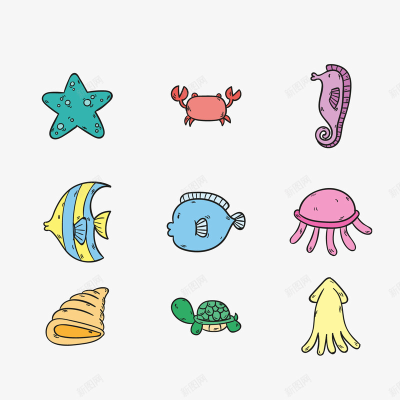 彩绘海洋动物png免抠素材_新图网 https://ixintu.com 卡通动物 彩色 海底动物 海洋生物 背景装饰
