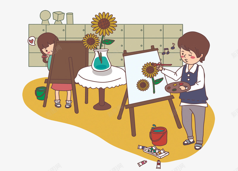 绘画向日葵png免抠素材_新图网 https://ixintu.com 向日葵 女孩 男孩 画室 画架 绘画 美术 美术室 颜料