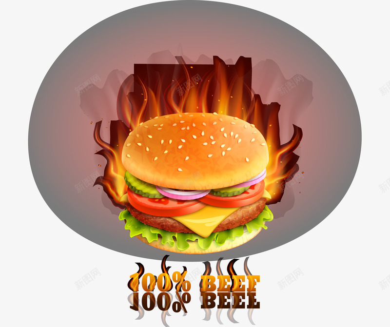 卡通美食汉堡包png免抠素材_新图网 https://ixintu.com 100 卡通 汉堡包 火焰 燃烧 美食 肉片 蔬菜